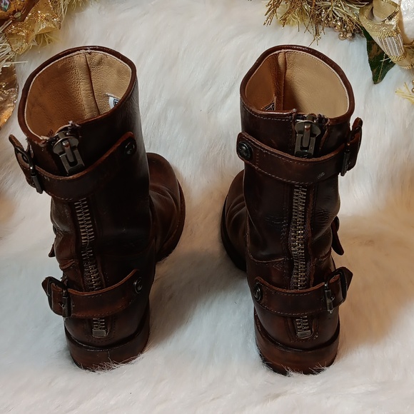 Frye Women Rustic Brown Leather Harness Biker Motorcycle Boots Size 8B - Picture 3 of 13